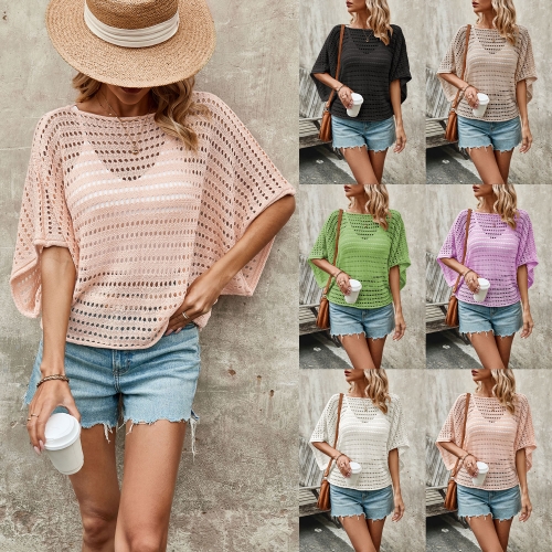 Round necked hollow short sleeved knitted sweater