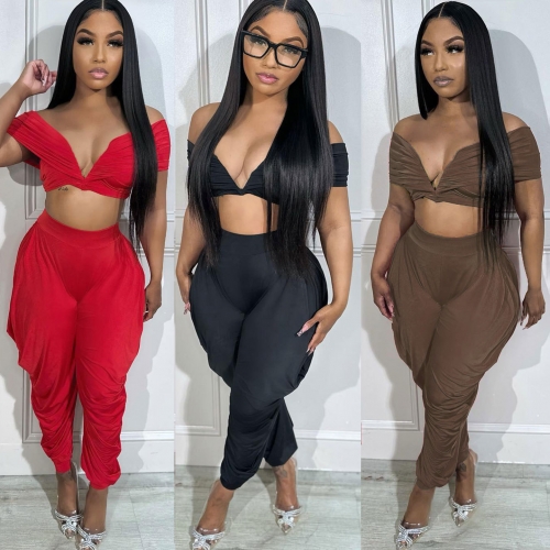Sexy one shoulder deep V-pleated top+pants two-piece set