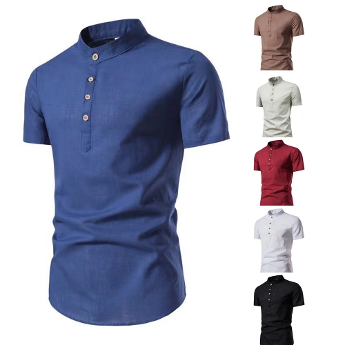 Men's short sleeved standing collar cotton linen shirt