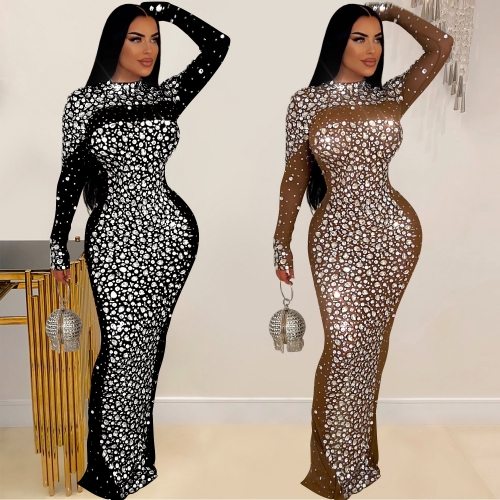 Mesh hot diamond long sleeved maxi dress