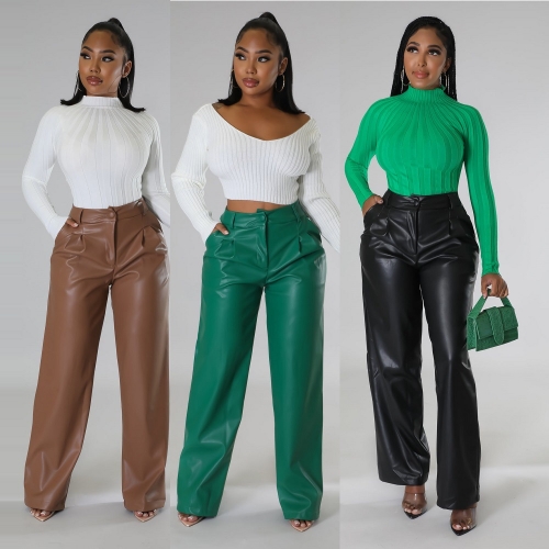 Casual loose wide leg pocket leather pants