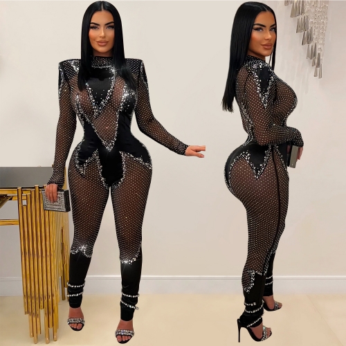 Mesh perspective hot diamond long sleeved jumpsuit