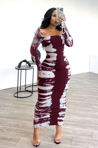 Printed split U-neck long sleeved dress