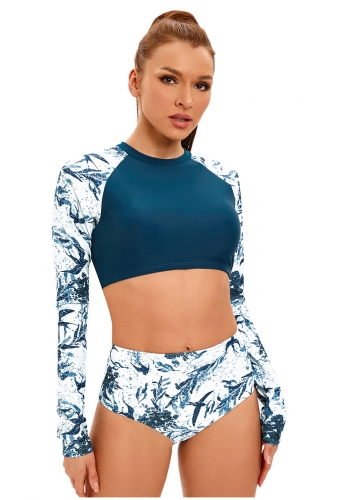 Printed long sleeved patchwork bikini set