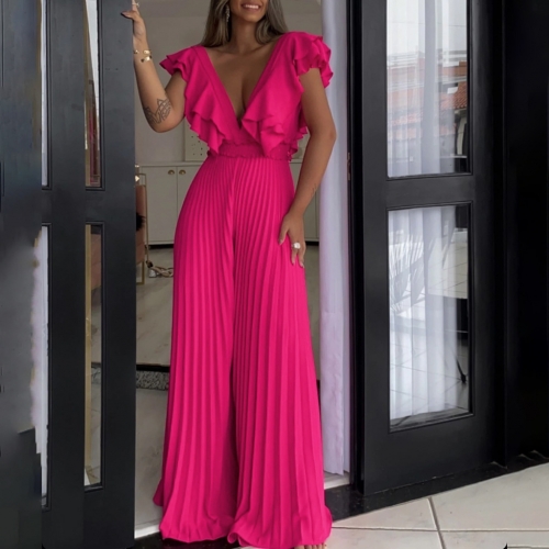V-neck high waisted ruffled pleated wide leg jumpsuit