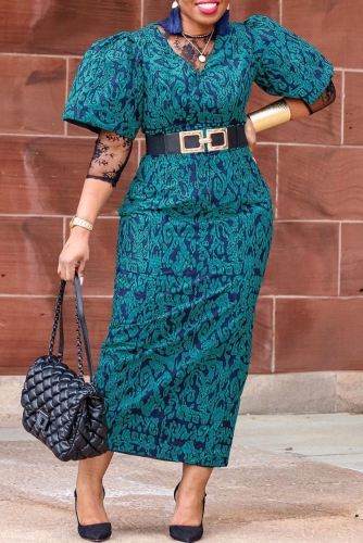 Sexy printed V-neck lace patchwork slit dress