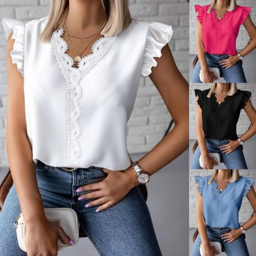 Solid color ruffled V-neck lace patchwork shirt