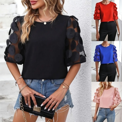Leisure round neck hollowed out lace patchwork short sleeved top
