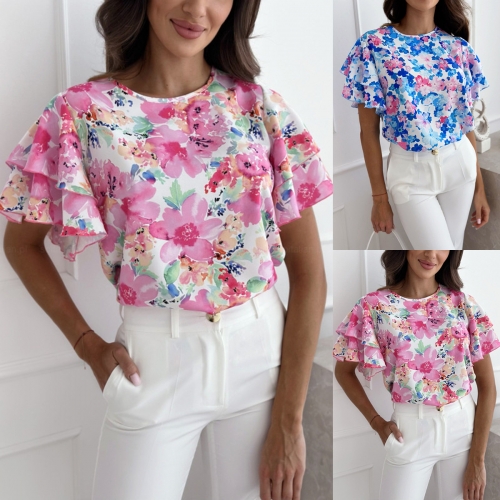 Printed ruffle sleeve round neck short sleeved top