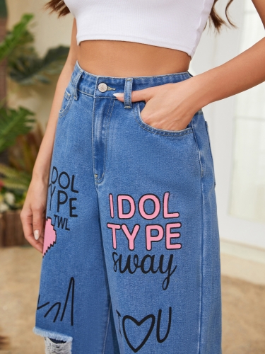 Pink Love Letter Graffiti Print Perforated Ragged Edge Jeans