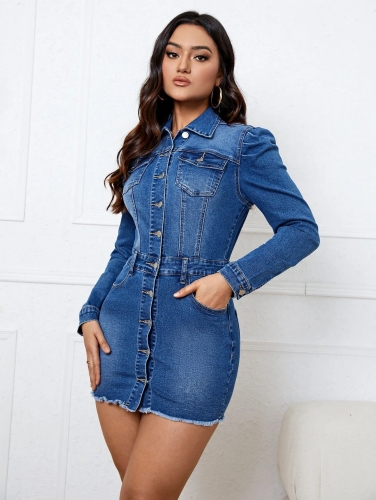 Charming jacket long sleeved denim dress