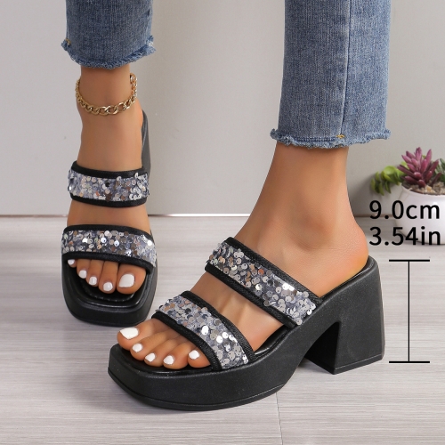 Square toe thick heel sequin sandals