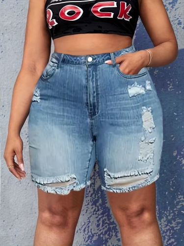 Plus size elastic perforated denim shorts