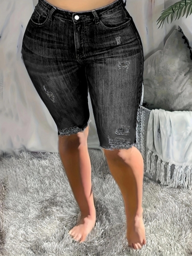 Elastic perforated denim shorts