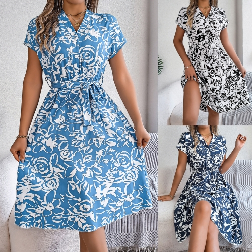 Leisure V-neck button flower dress