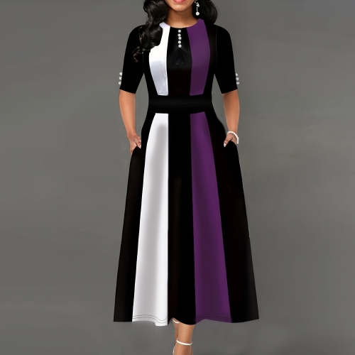 Elegant High Waist Button Block Color Dress