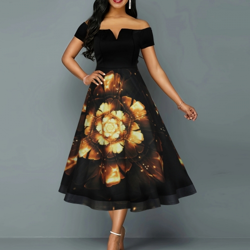 Elegant plus size patchwork off shoulder print dress