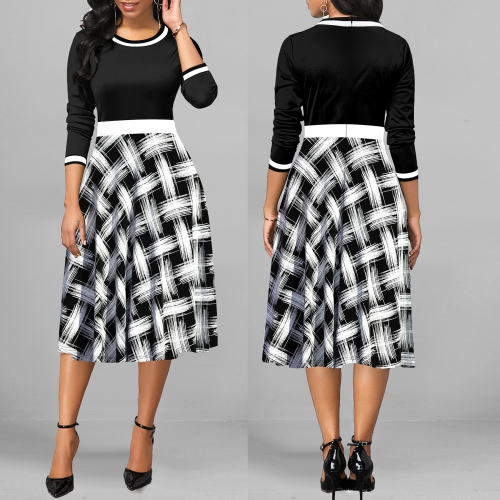 Elegant round neck patchwork plaid printed dress