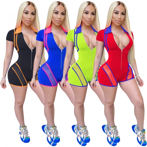 Leisure V-neck zipper mesh patchwork short sleeved jumpsuit