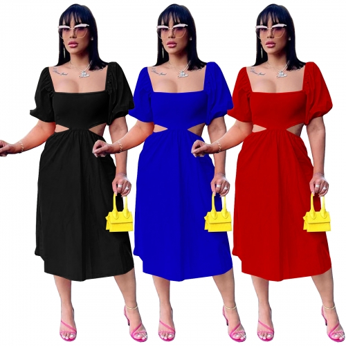 Solid color U-neck lantern short sleeved open waist irregular dress