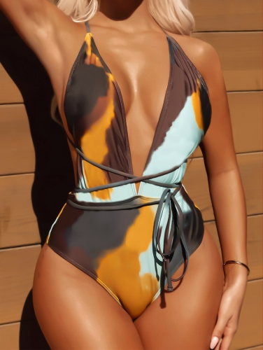 Tie dye printed Backless lace up one piece swimsuit