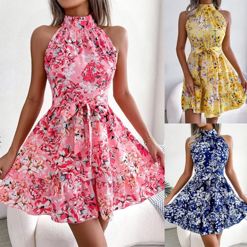 Sexy Sleeveless Fragmented Flower Hanging Neck Dress