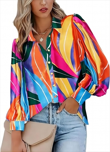 Leisure printed long sleeved V-neck button