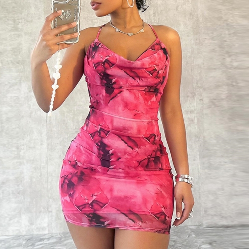 Printed Sexy Hanging Neck Open Back Sleeveless Dress