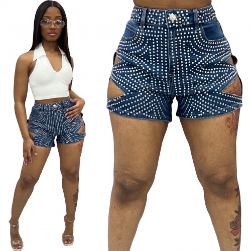 Diamond Hollow Elastic Denim Shorts