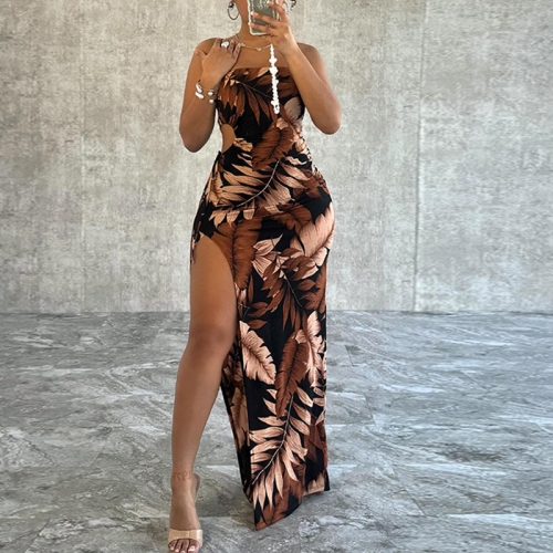 Printed Sexy One Shoulder Open Back Split Sleeveless Dress