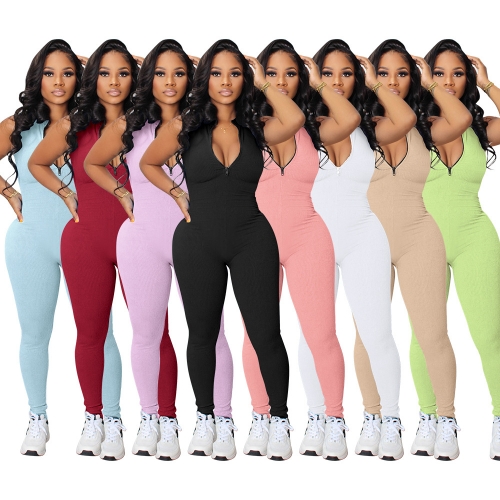 Leisure Elastic Pit Zipper jumpsuit