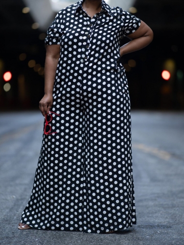 Plus size polka dot printed shirt jumpsuit