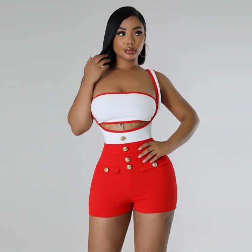 Sexy color blocking elastic sleeveless shoulder strap shorts two-piece set