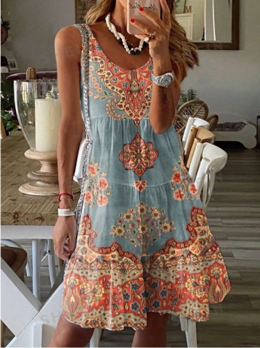 Printed sleeveless V-neck vest dress