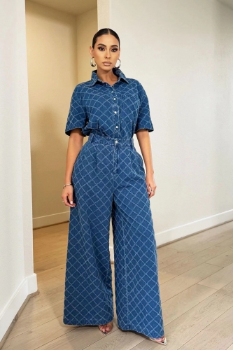 Checkered washed denim flare pants set