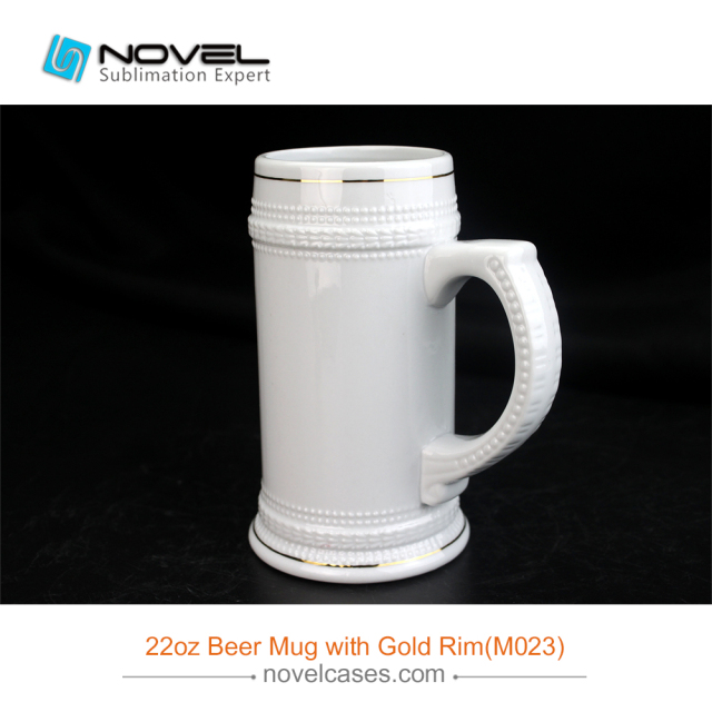 22 OZ Sublimation White Ceramic Beer Stein with Golden Rim