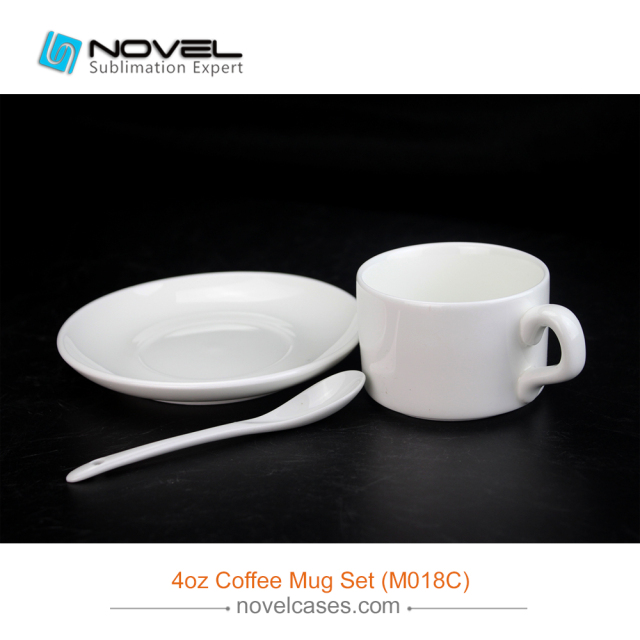 4oz Sublimation White Ceramic Coffee Mug With Saucer/Spoon,Coffee  Mug Set