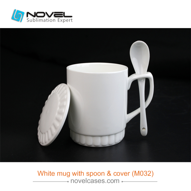 DIY Sublimation White mug with spoon &amp; cover,Coffee Mug For Wholesale