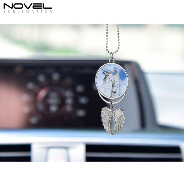 Sublimation DIY Metal Car Pendant -Big Round With Angel Wings Decoration