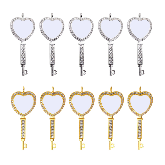 Sublimation Metal Sweater Ornament Gold Heart Key Shape Necklace With Diamonds
