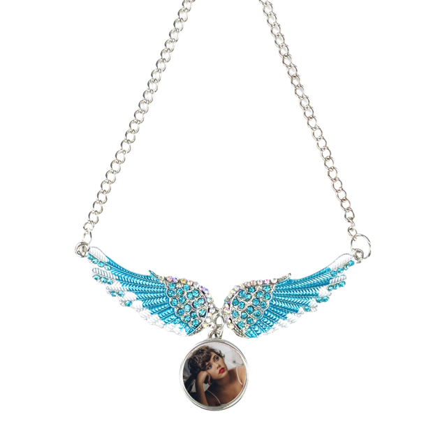 Sublimation Blank Metal Sweater Ornament Blue Angel Necklace With Round Snap