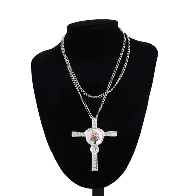 Fashion Sublimation Blank Metal Sweater Ornament Cross Diamond Necklace With Round Snap