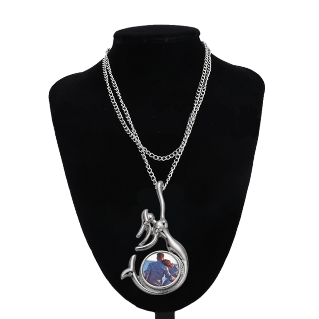Fashion Sublimation Blank Metal Sweater Ornament Mermaid Necklace With Round Snap