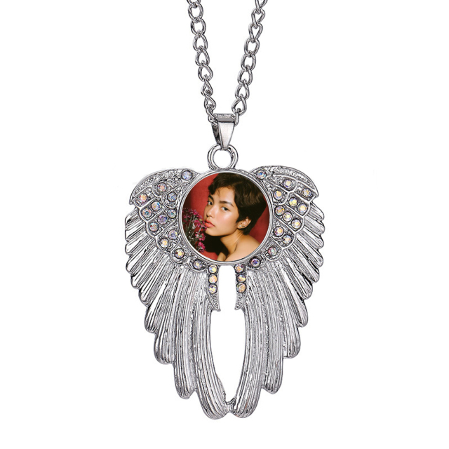 Sublimation Metal Sweater Ornament Angel Wings Necklace With Round Snap