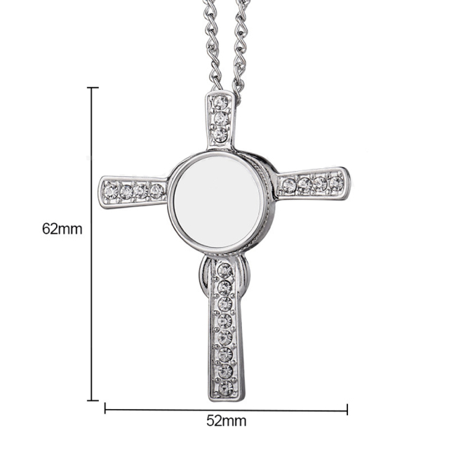 Fashion Sublimation Blank Metal Sweater Ornament Cross Diamond Necklace With Round Snap