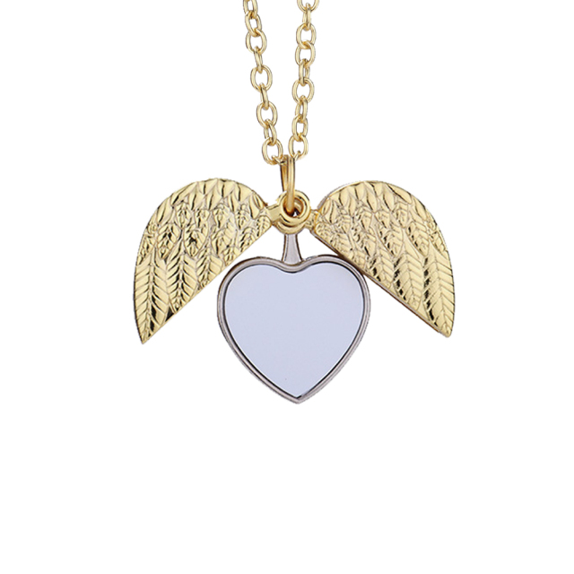 Fashion Sublimation Women Jewelry Blank Metal Heart Shape Wings Pendent Necklace