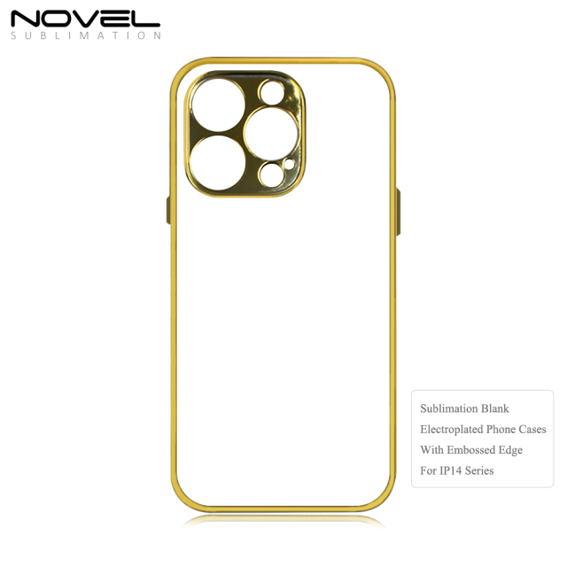 New Arrival Sublimation Electroplated Phone Case with Embossrd Edge for iPhone 14 Series DIY Shell With Glass Sheet