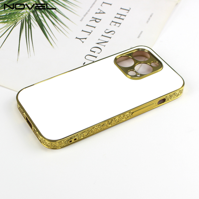 New Arrival Sublimation Electroplated Phone Case with Embossrd Edge for iPhone 14 Series DIY Shell With Glass Sheet