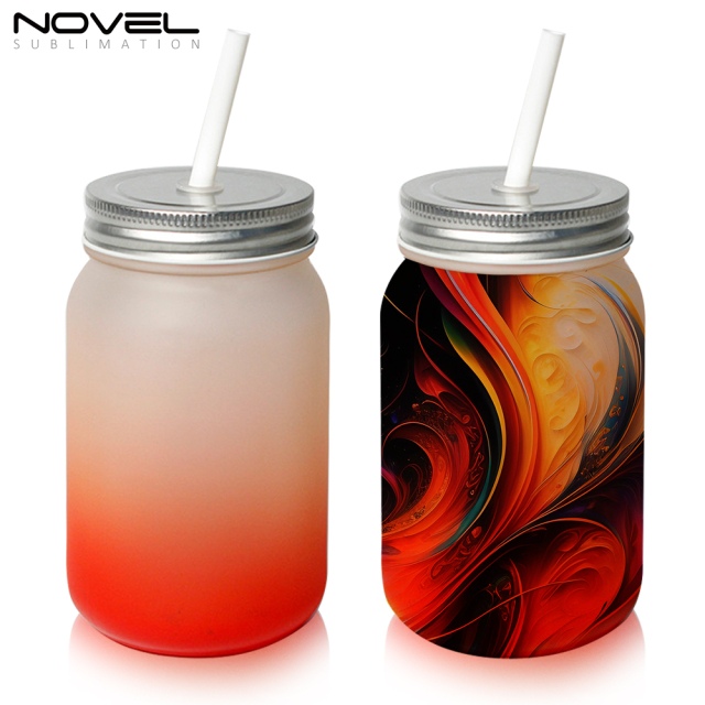 Sublimation Mason Jars Frosted Glass,18oz Regular Wide Mouth Mugs Cups with Lid and Straw