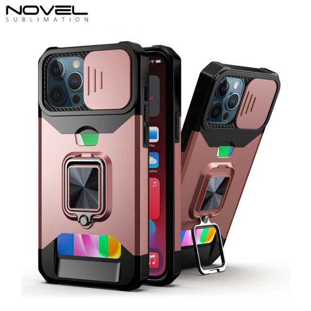 New Multifunctional Anti-drop Phone Case for iPhone Series with Card Slot & Sliding Window & Ring Holder Protective Cover